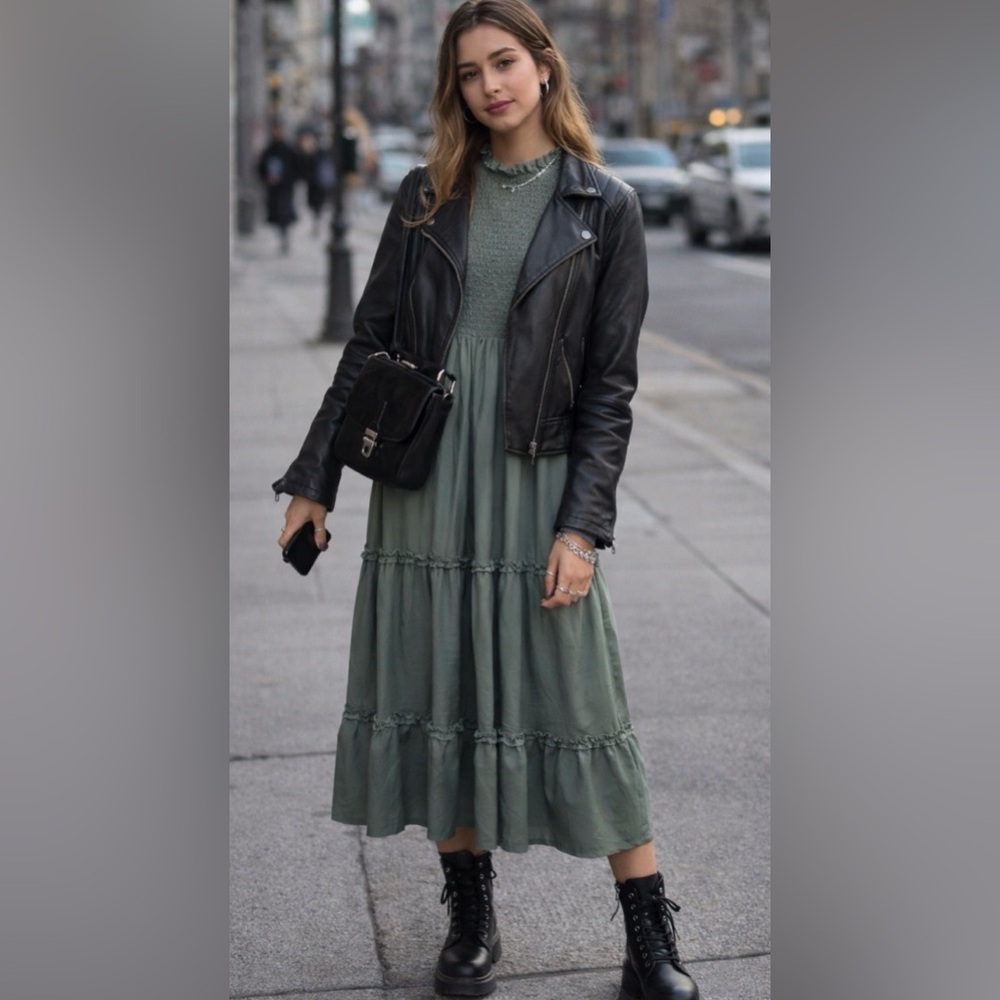 Midi Dress For M 10/12 Green Tiered Ruched Bodice And Cuff Ruffle‎ Neck